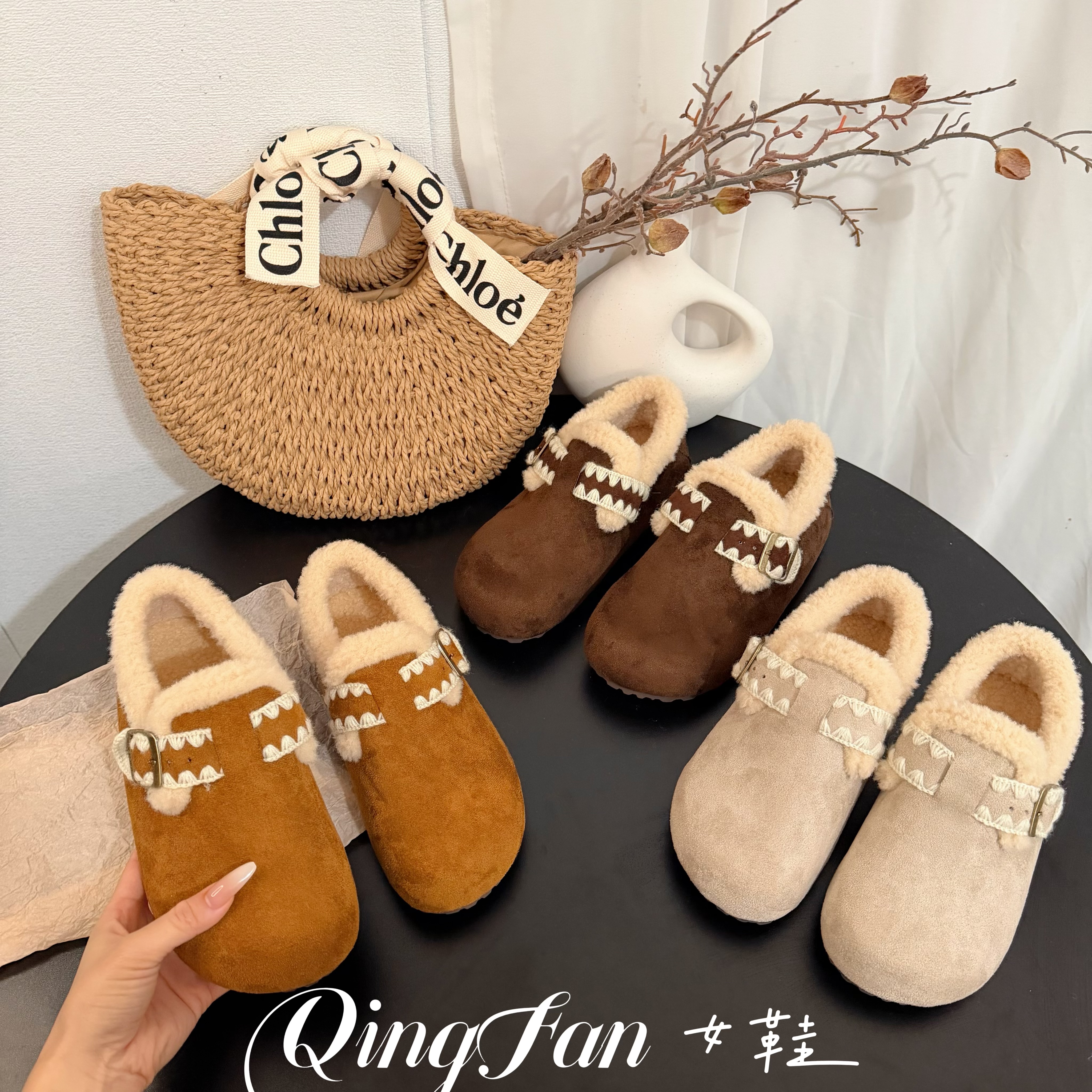 加绒勃肯鞋女2025新款秋冬季毛绒棉鞋全包博肯鞋厚底增高毛毛鞋子