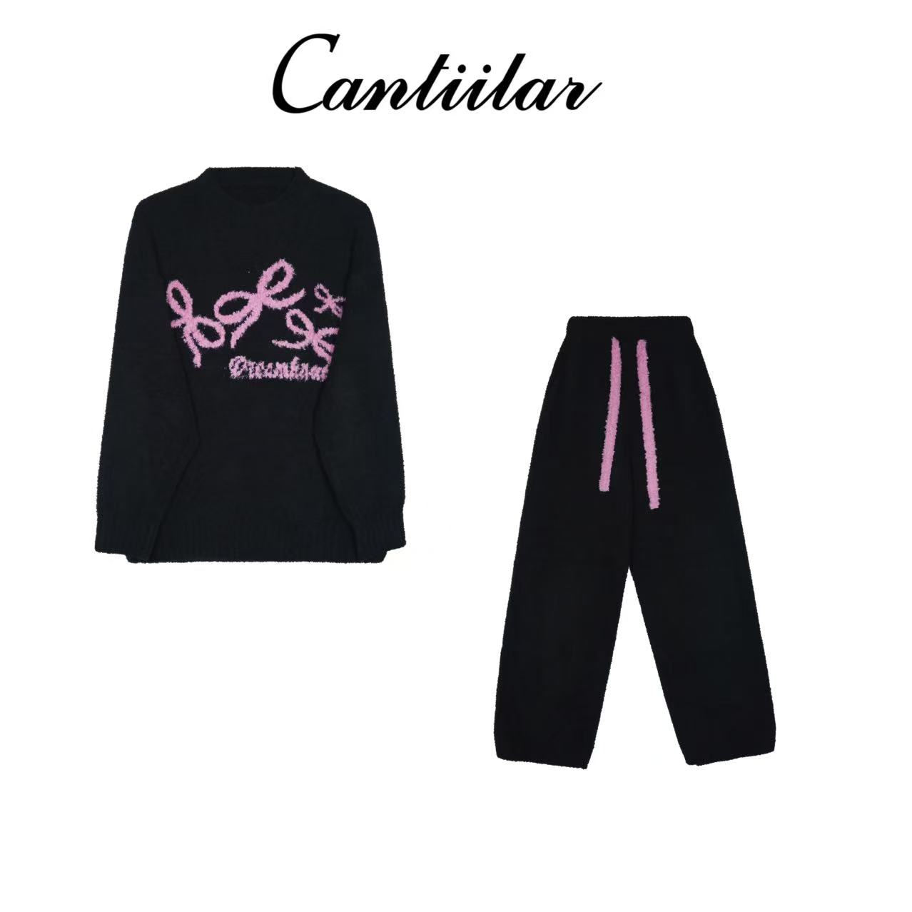 CANTIILAR “暖绒绒”黑粉蝴蝶结半边绒保暖家居服套装 SY1412