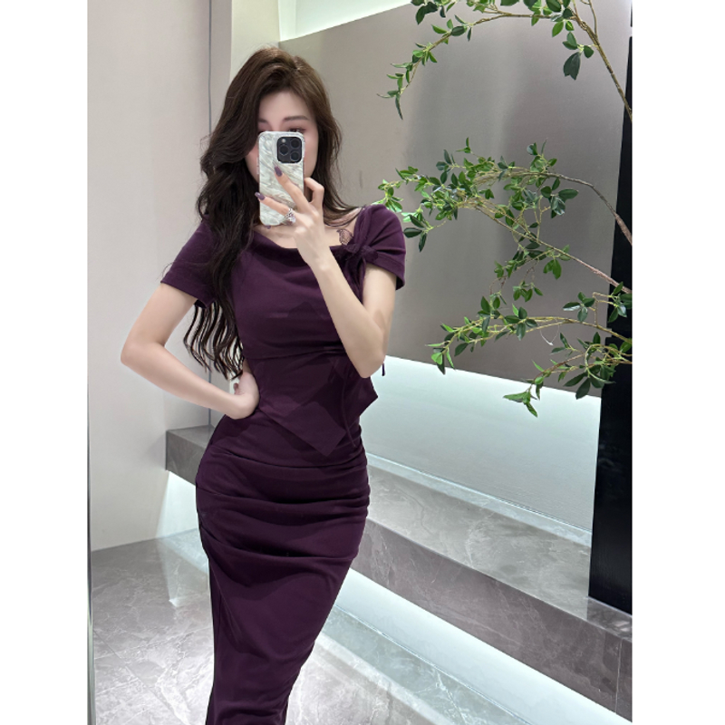 【大婷婷】夏季新款褶皱不规则套装修身法式赠送刺绣蝴蝶结收腰M003