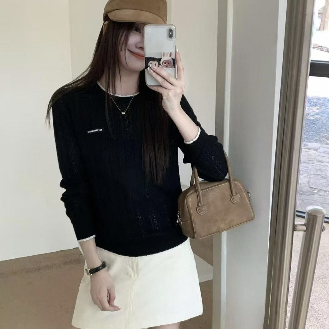 女士休闲两色针织衫长袖圆领上衣