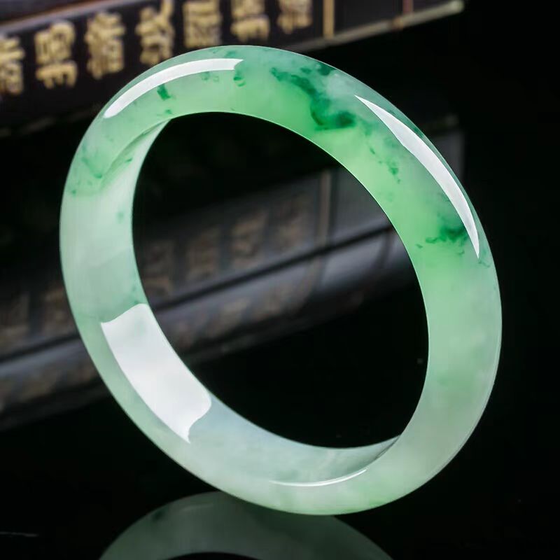 高奢典藏-缅甸天然翡翠A货飘花飘翠玉手镯-A85