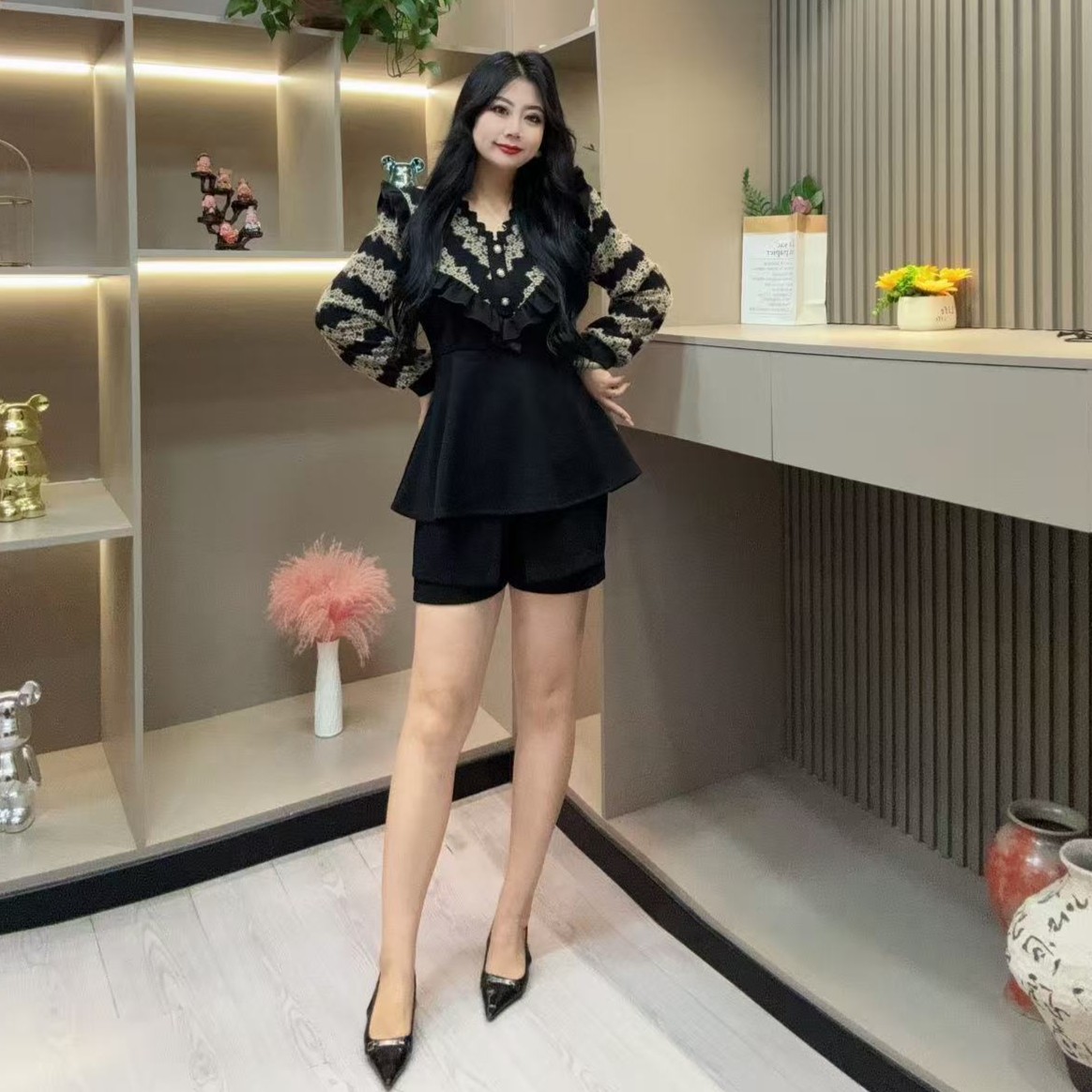 秋季小衫-檬 3179时尚潮流气质显瘦条纹菲边款胖MM大码女装新款