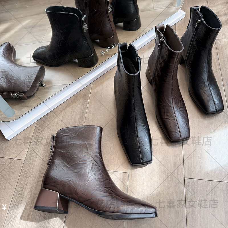 2025年秋冬新款女靴百搭低跟中跟时尚英伦风方头短靴女y25315