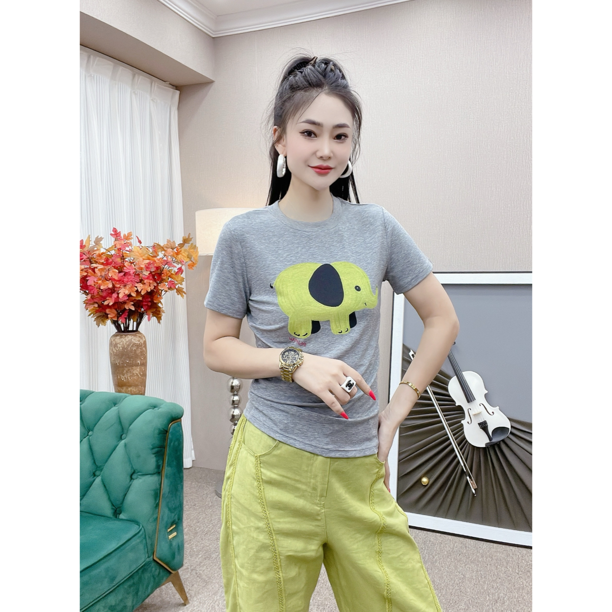 DESMAN【曼玉推荐】夏季新款女莱赛尔小象无感印花修身显瘦T恤