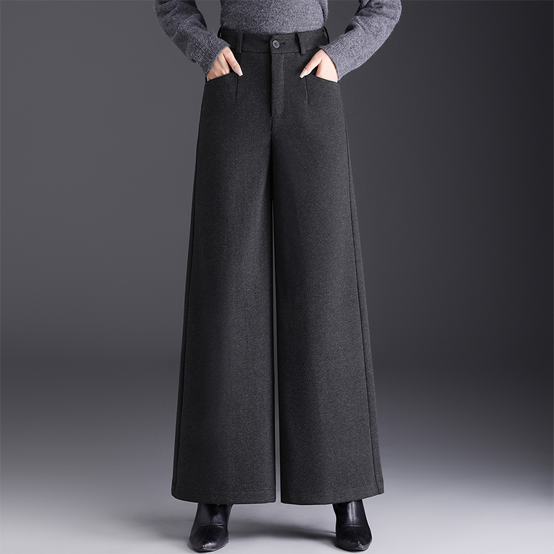加厚毛呢高腰宽松阔腿裤女秋冬通勤百搭小个子垂感休闲西装直筒裤