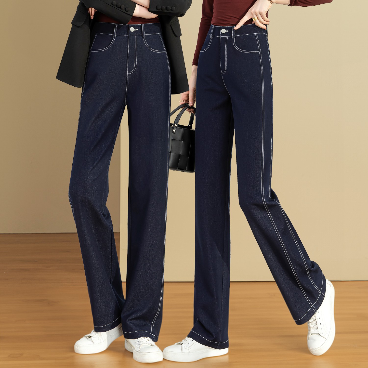 雅思诚【不掉色牛仔】高腰直筒阔腿牛仔裤女2025冬弹力显瘦宽松长裤