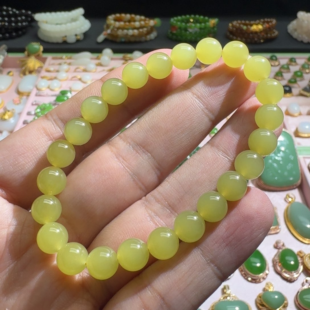 和田玉手链未镶嵌鸡油黄8mm手链