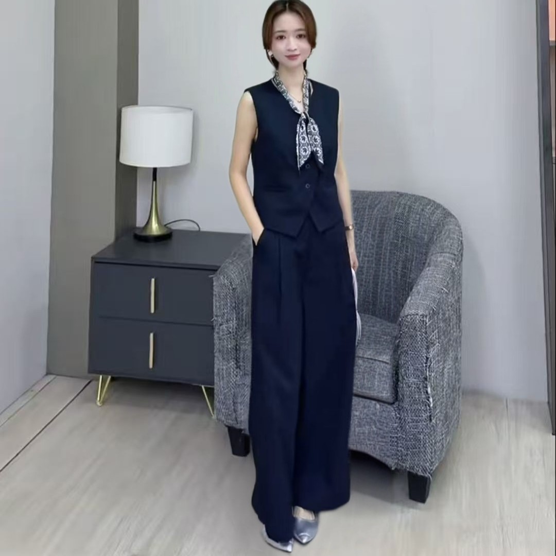 [婷婷家]时尚V领马甲搭高腰压褶阔腿裤套装（两件套），气质显瘦百搭