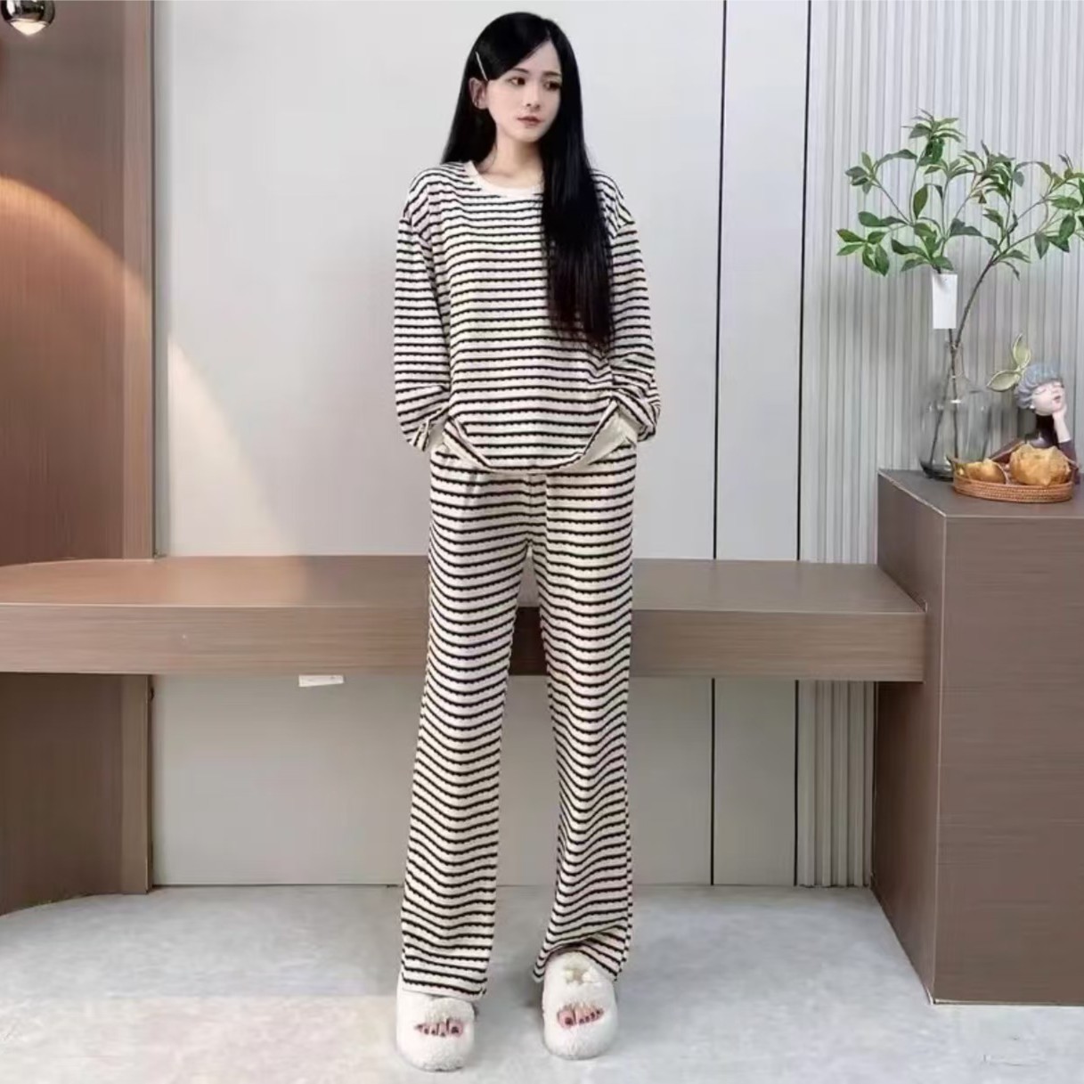 【胸垫款】纯棉条纹长袖睡衣女套装冬季新款韩版女士家居服外穿