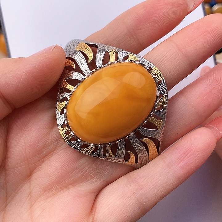 蜜蜡手镯银S925镶嵌漂**海手镯