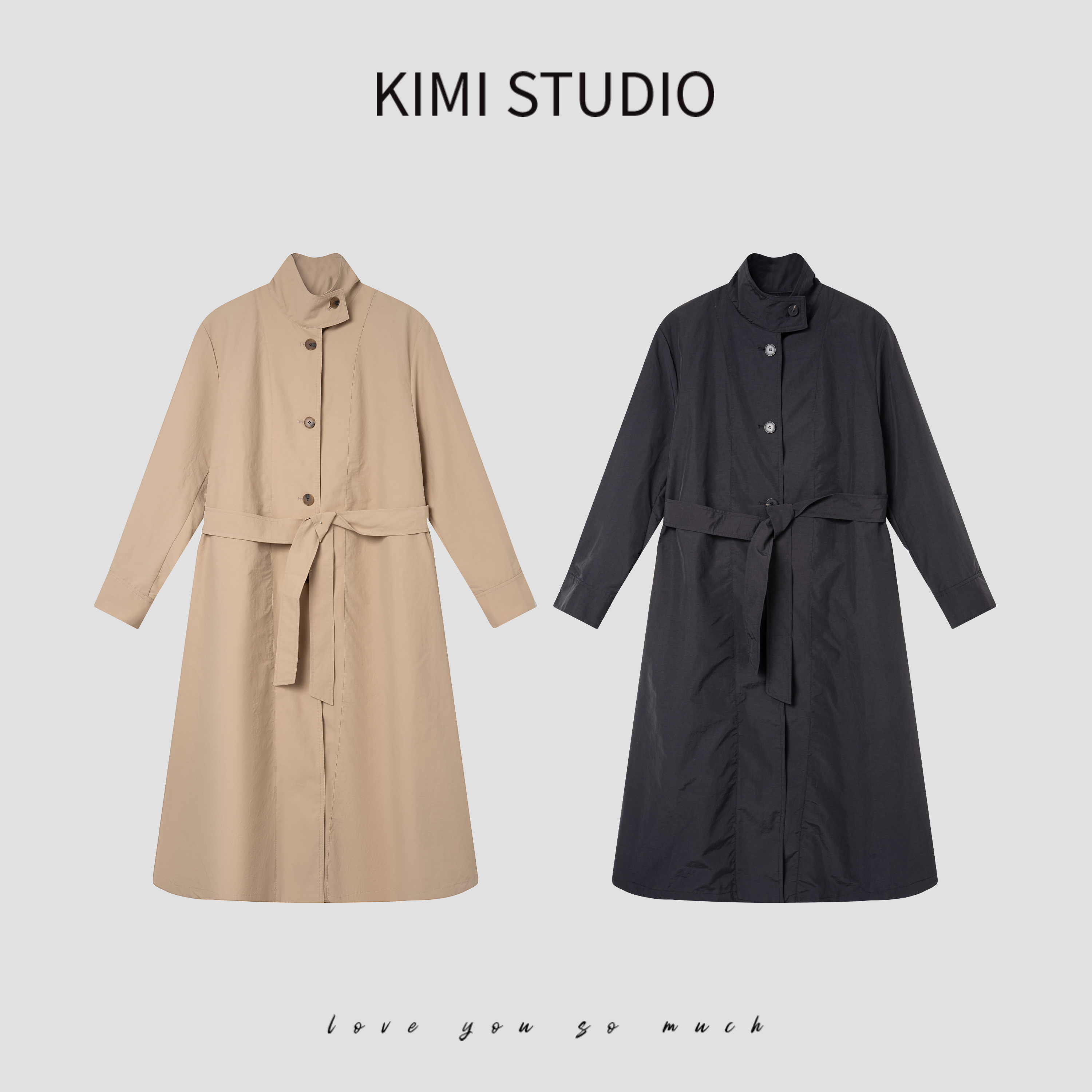 AW25077  Jigott早秋立领廓形A字版长款腰带风衣