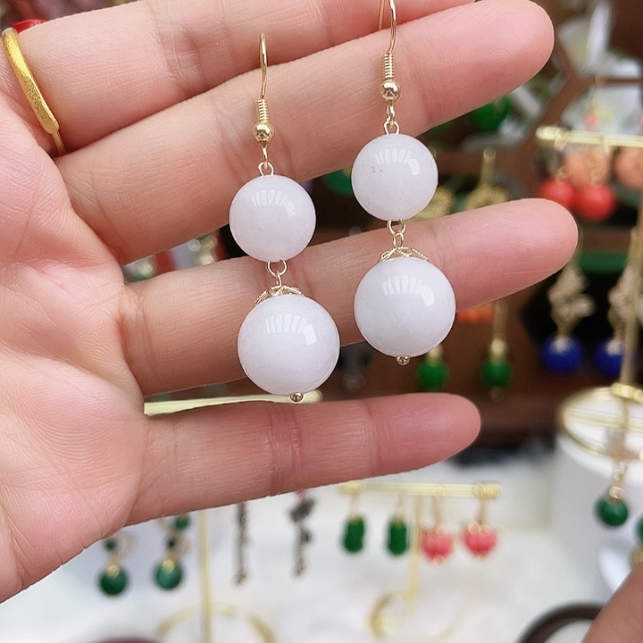 石英质玉耳钉合金白色双珠