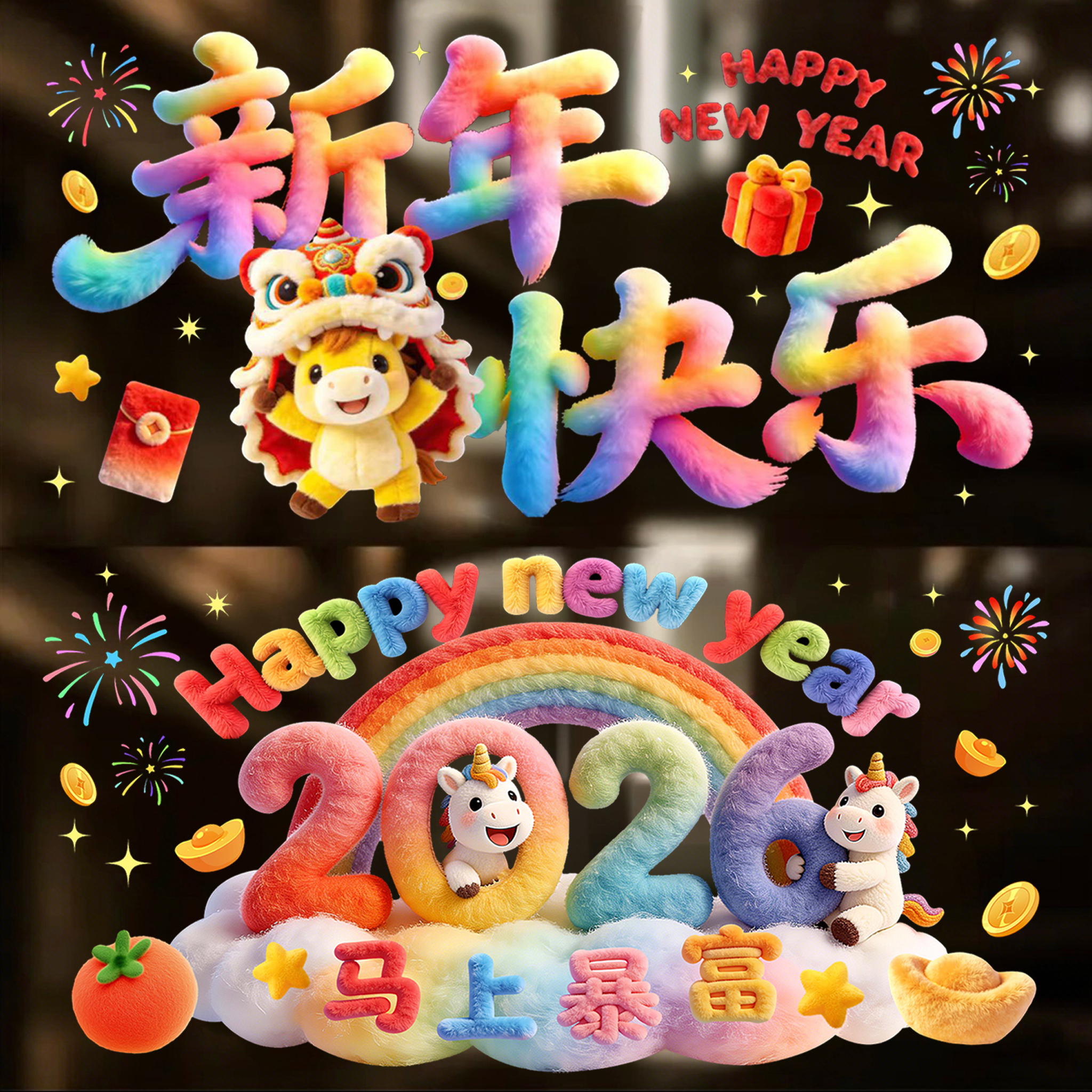 2026新年装饰窗花马年毛绒静电橱窗贴布置元旦春节过年玻璃门贴纸