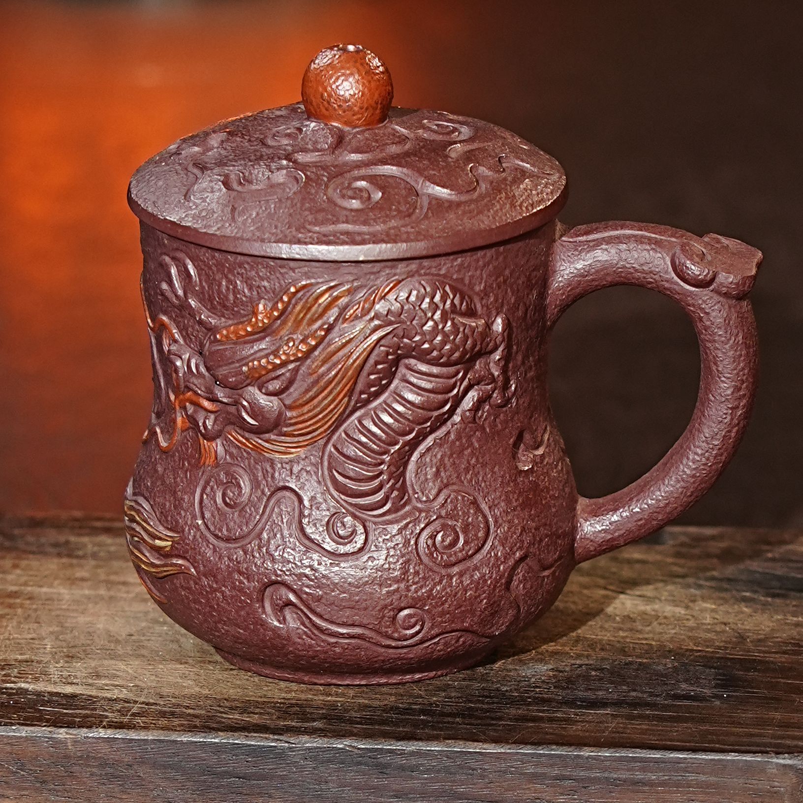 【9075隐龙盖杯】宜兴原矿紫砂全手工茶具龙杯盖杯茶器