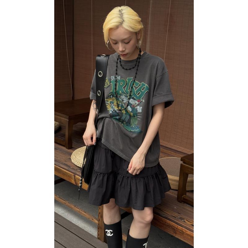 HELLOTANGO《兔八哥派对》美式复古做旧卡通图案百搭短袖T恤64036#