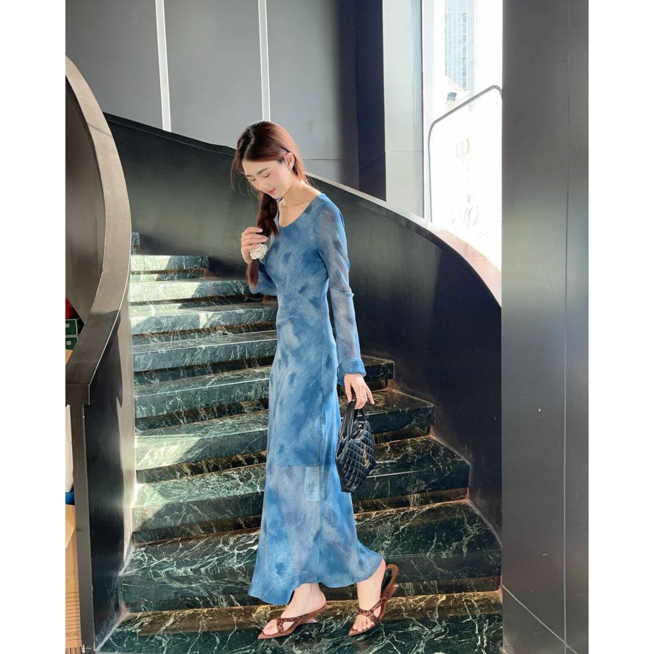 【熊二&精选】2025新款设计师款扎染冰川蓝长袖连衣裙