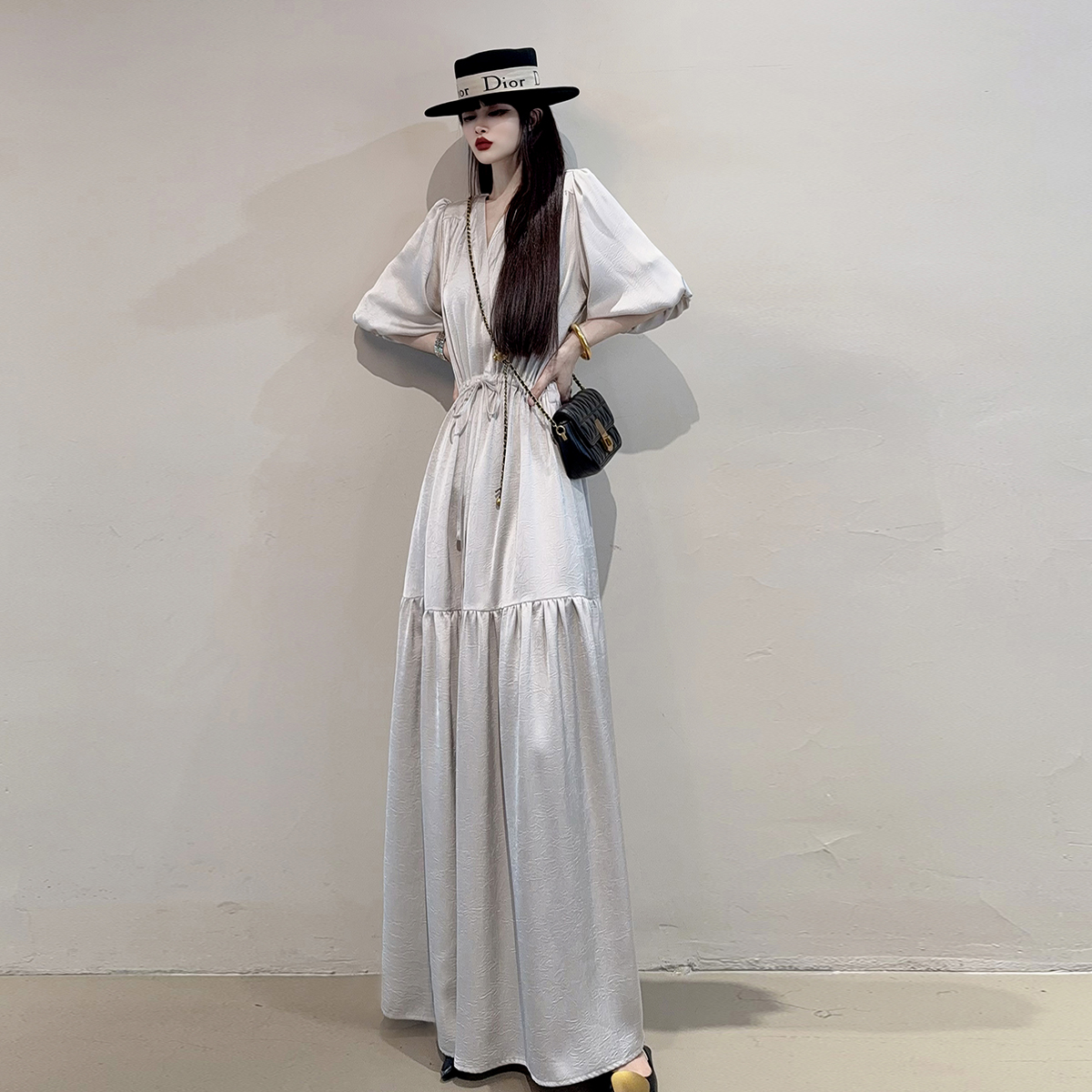 清仓捡漏断码 垂坠v领连衣裙夏季新款胖mm大码收腰显瘦加长款长裙