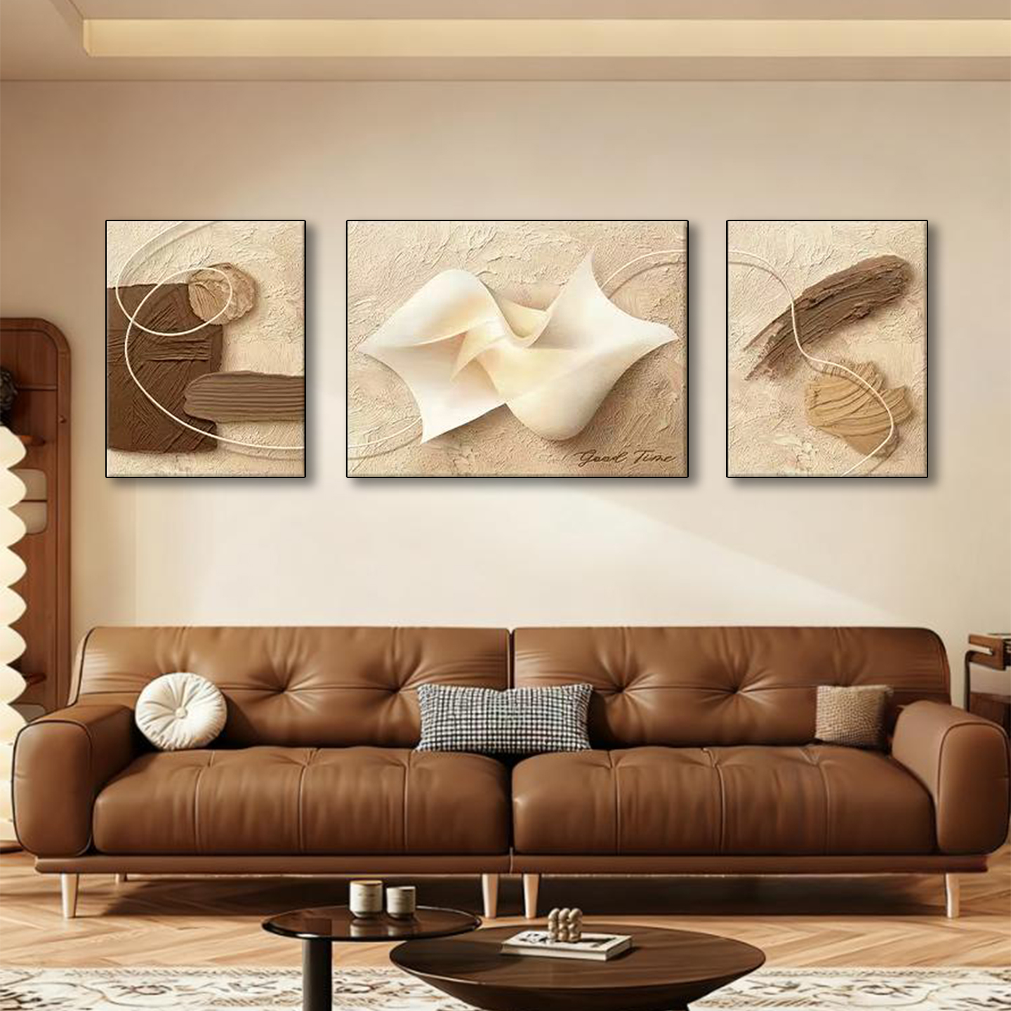 中古风几何抽象立体感客厅三联画沙发背景墙高级感轻奢大气装饰画