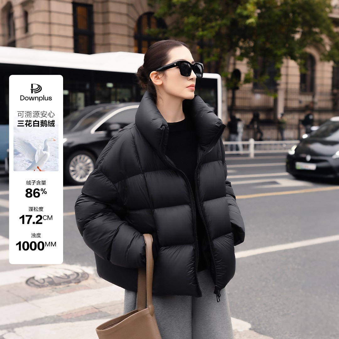 冬季三星安心鹅绒百搭爆款黑色加厚保暖立领简约设计感女款羽绒服
