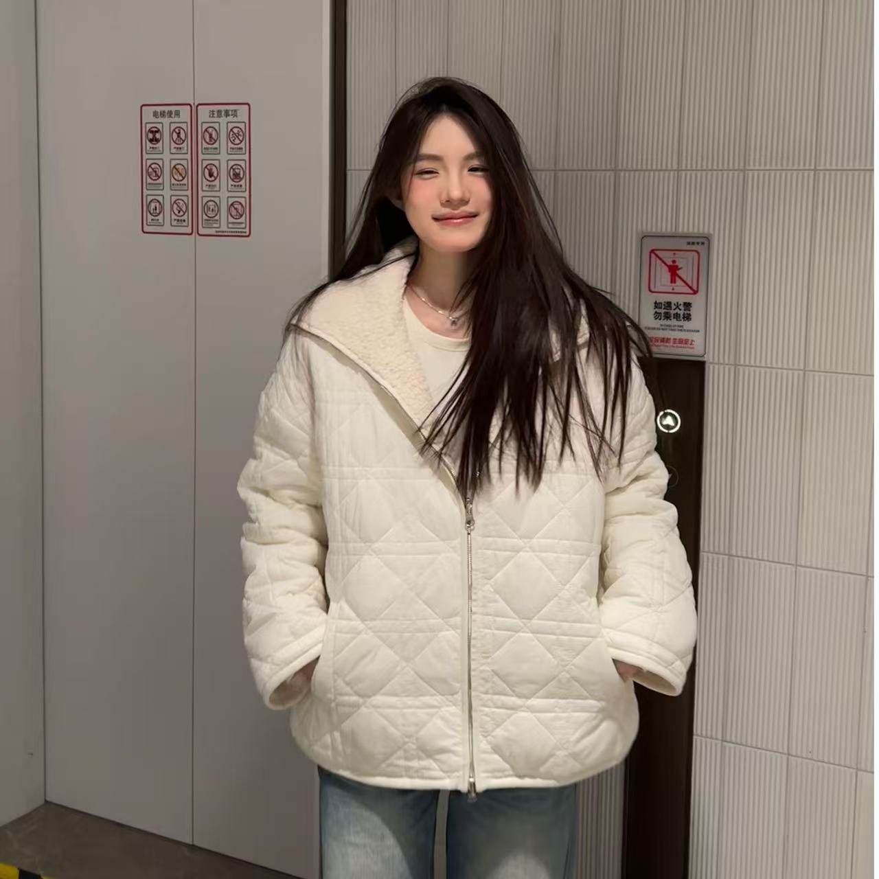 闭店清仓NO退NO换【奶油白】秋冬高级感翻领双面穿棉服外套