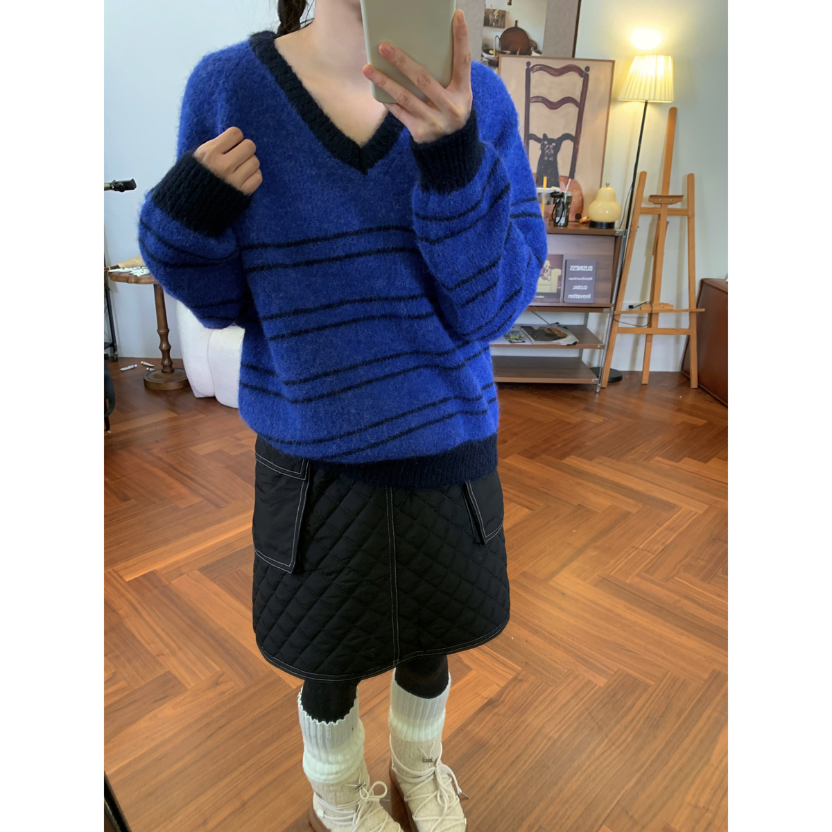 复古显白V领条纹毛衣女韩系秋冬新款宽松百搭显瘦内搭针织衫套头