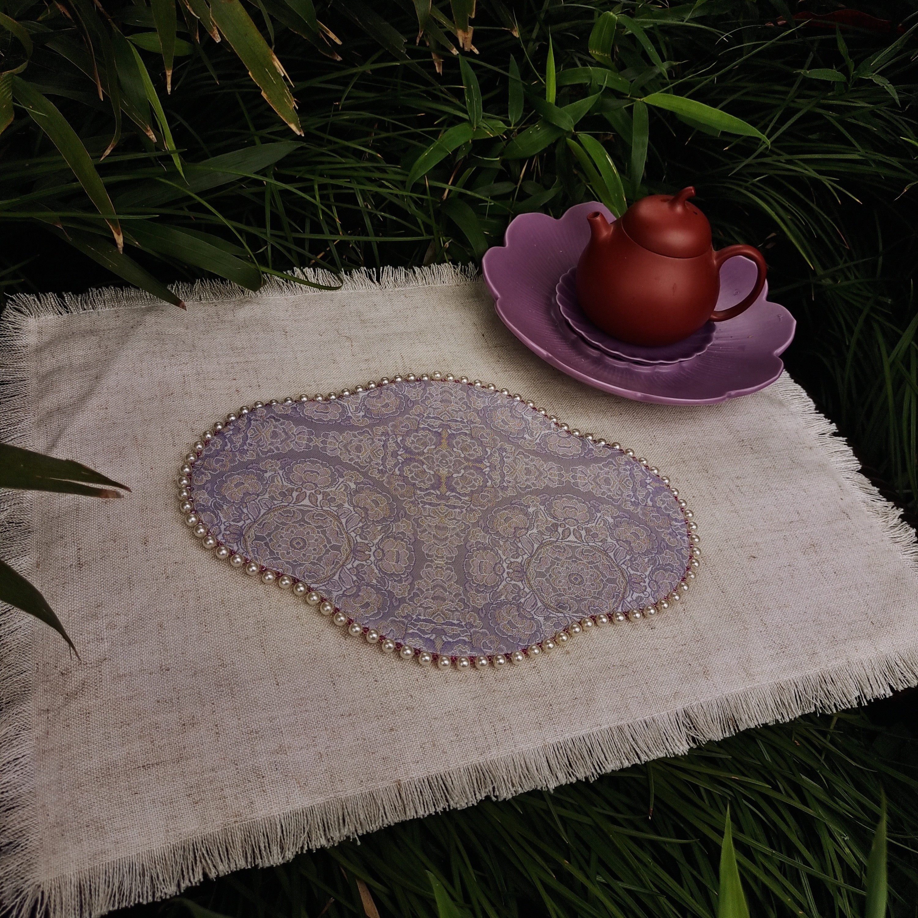 新中式国风浅紫色织锦小茶席餐垫置物垫壶垫
