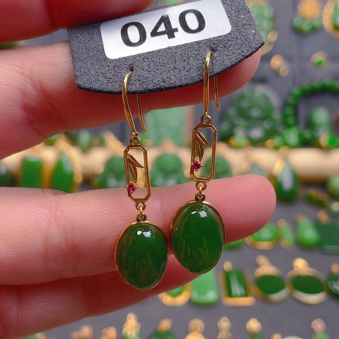 和田玉耳饰18K金镶嵌040