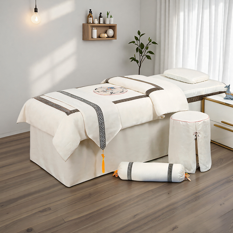 高档轻奢中式印花美容床四件套皮肤管理纹绣美容床单美容院专用