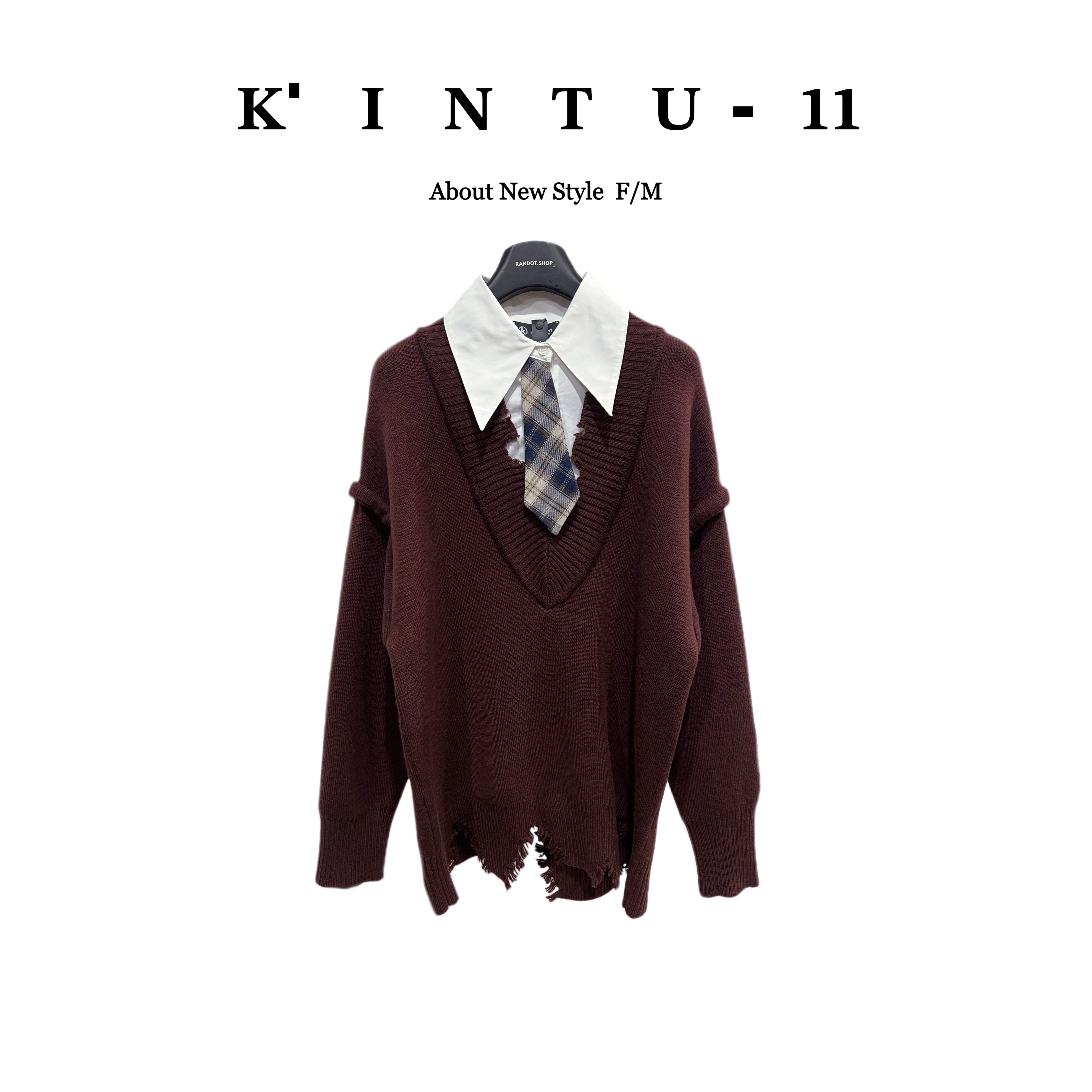  【K-11】原创设计“绵羊毛”领带衬衫领假两件V领大版宽松毛衣18273