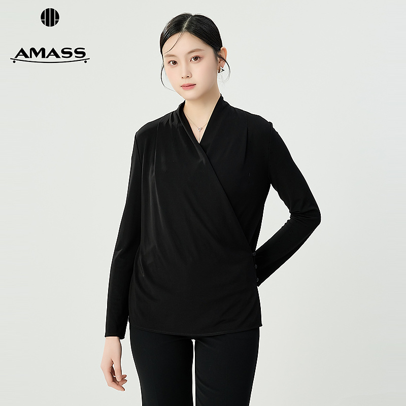 阿玛施AMASS新款时尚通勤简约气质女神造型感交叉长袖衬衫530034