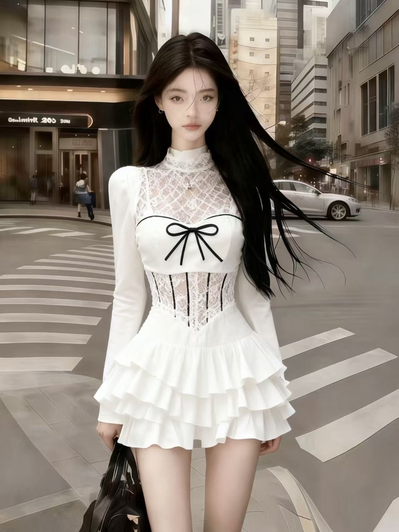 新款时尚气质性感纯欲风白色蕾丝高领修身长袖收腰设计感连衣裙