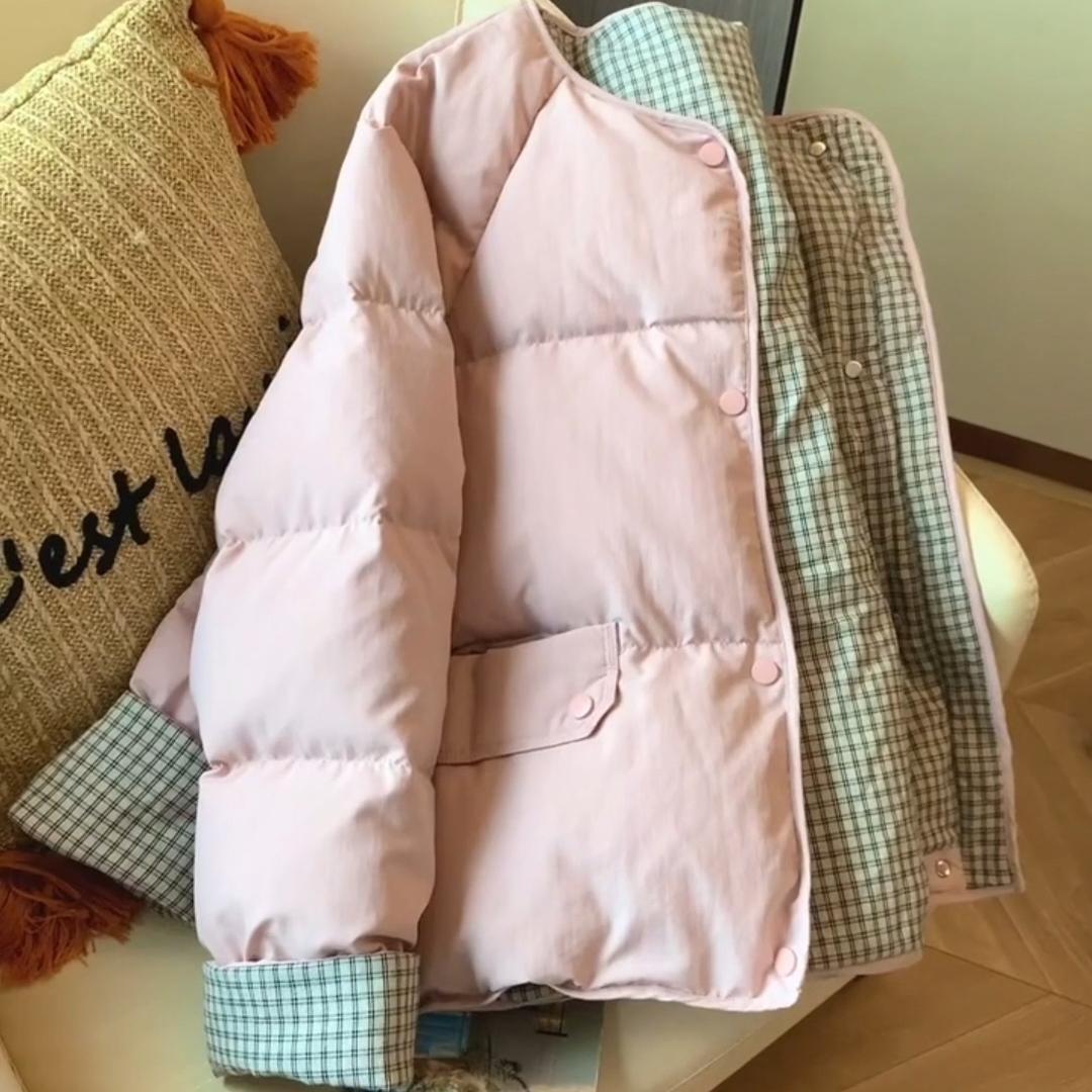 粉色棉服女秋冬两面穿保暖棉衣韩版显瘦宽松圆领加厚面包服外套潮