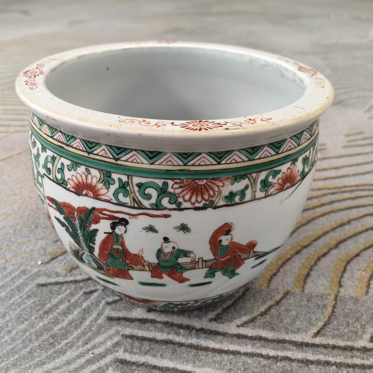 A01147清光绪五彩人物故事缠枝花卉案头卷缸