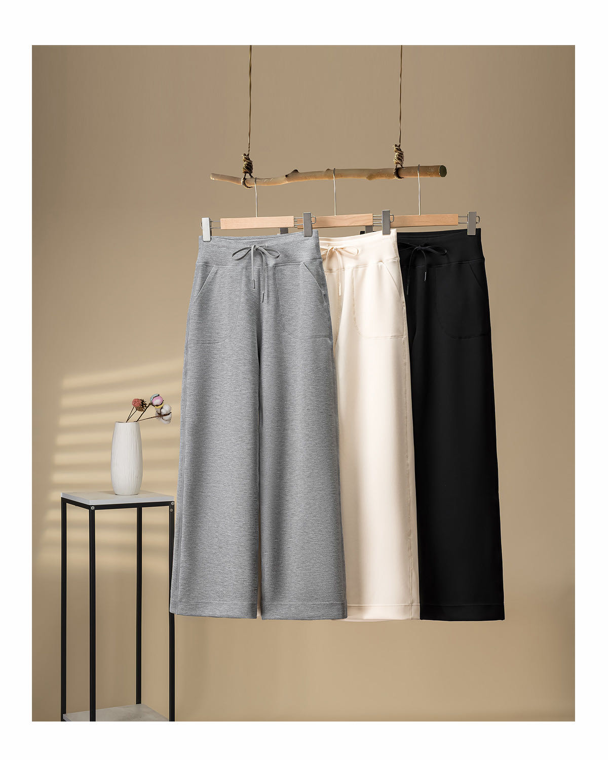 莫代尔云朵针织亲肤休闲长裤直筒裤拼接口袋阔腿裤百搭显瘦-D607