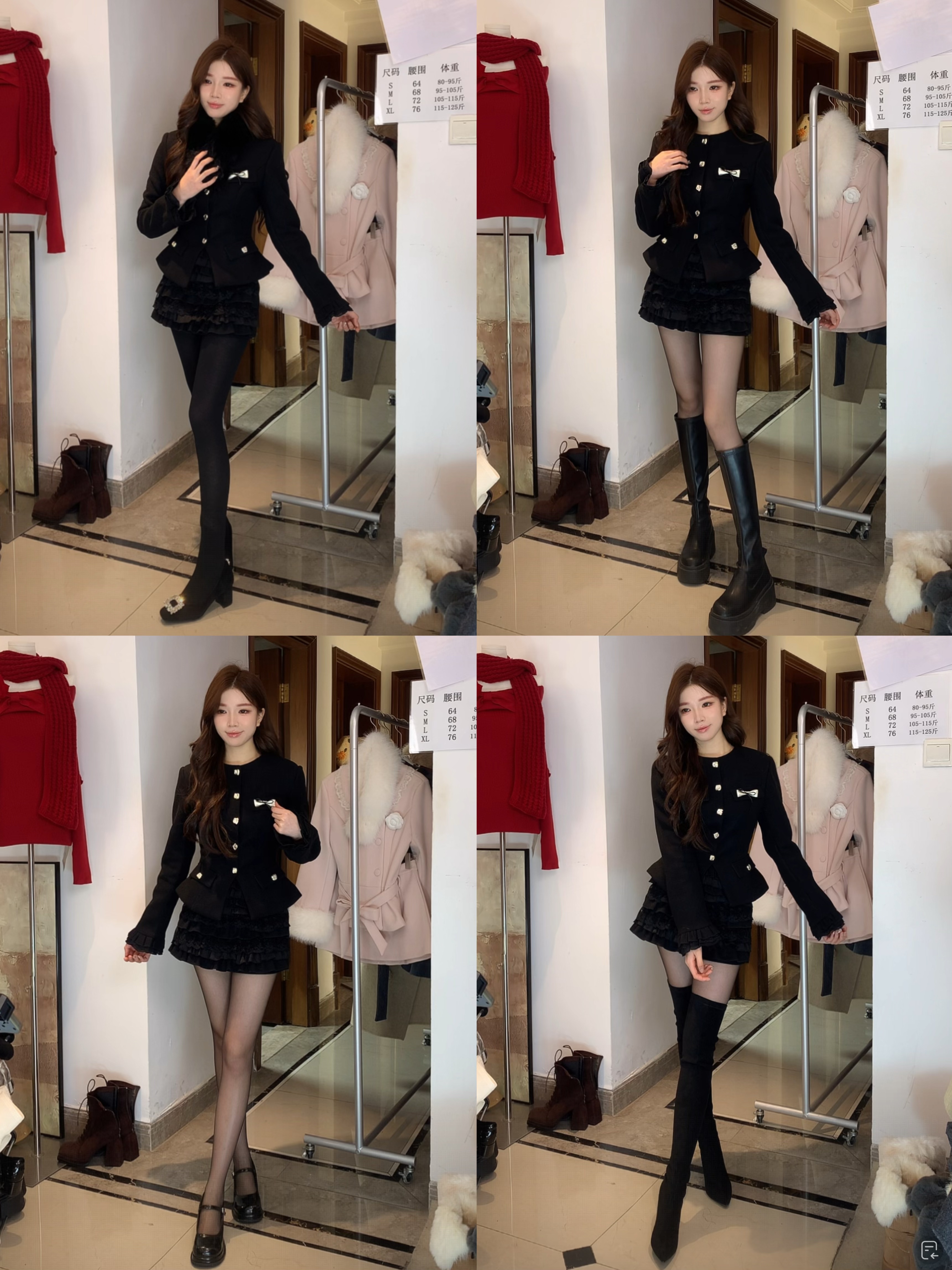 法式名媛毛毛领拼接蝴蝶结外套女秋冬高腰公主蓬蓬裙