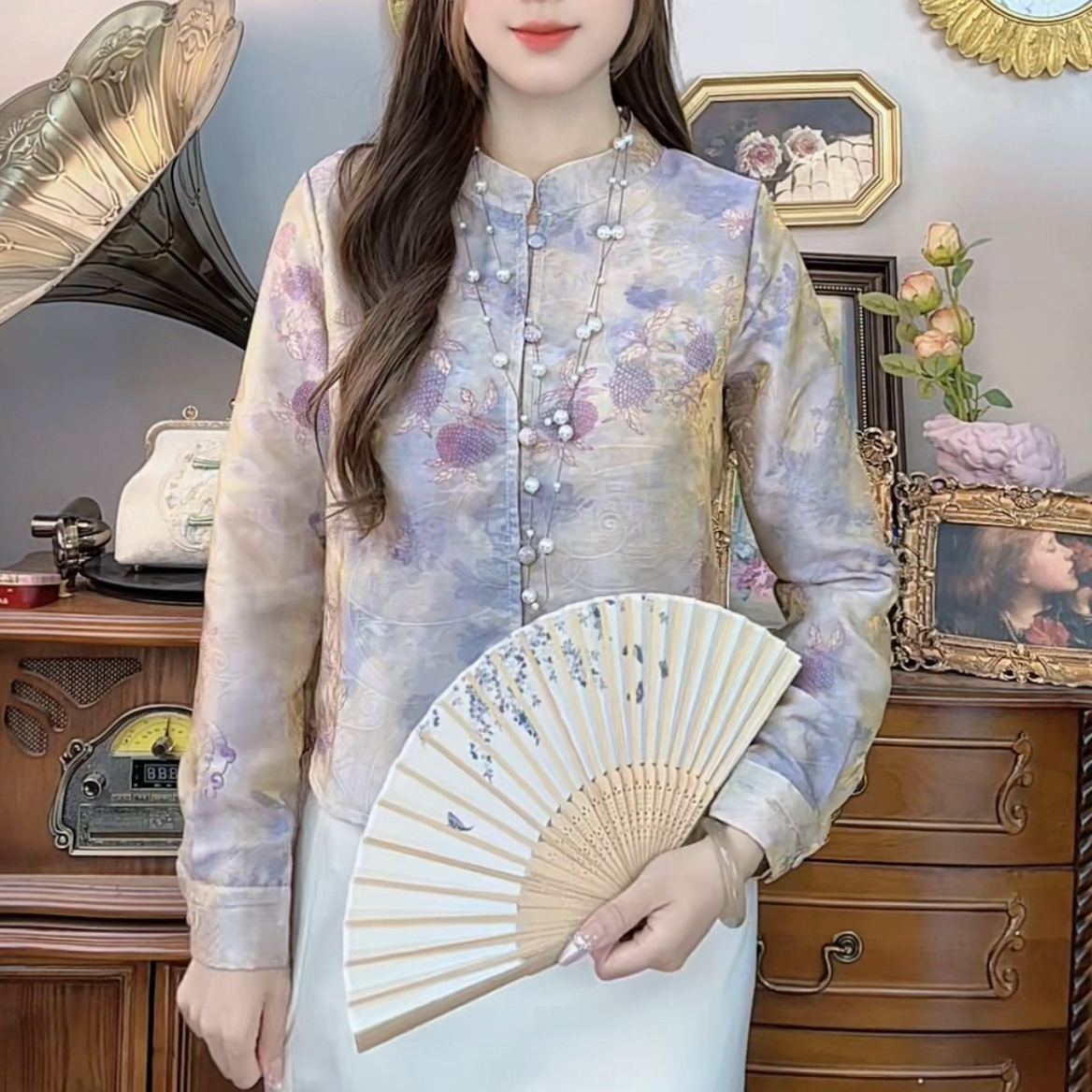【711】复古新中式小立领衬衫女新款单排扣暗纹提花气质百搭上衣