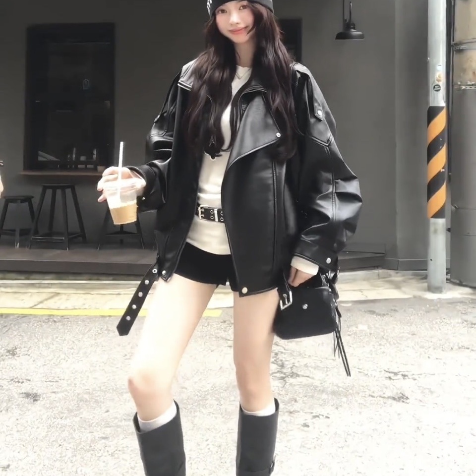 逸阳美式复古高级感黑色皮衣外套女秋季设计感小众机车开衫夹克上