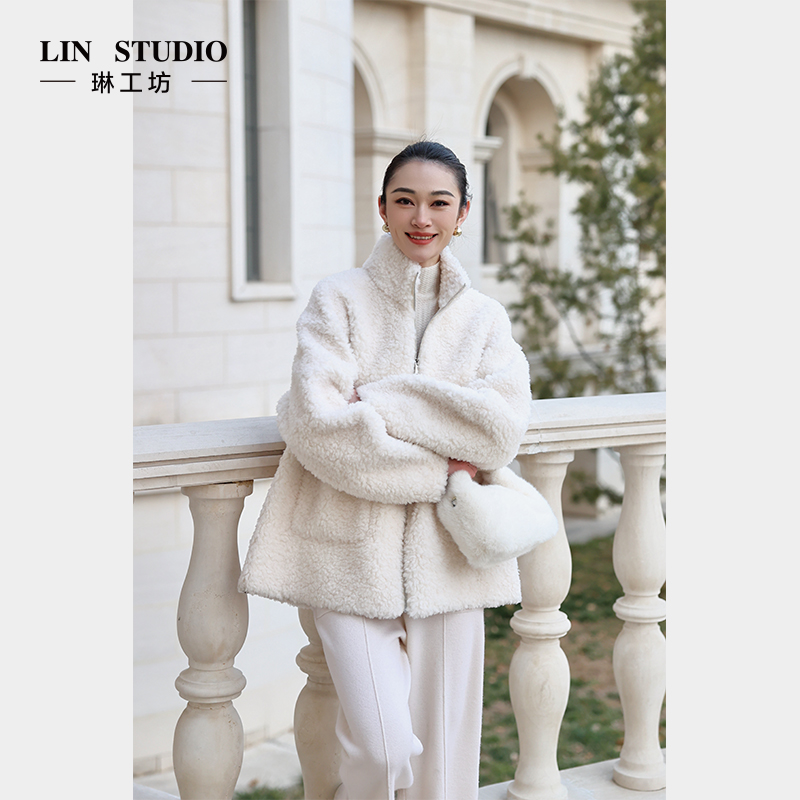 【100%绵羊毛】琳工坊“瞬华”白色外套大衣颗粒绒气质时尚唐琳设计师