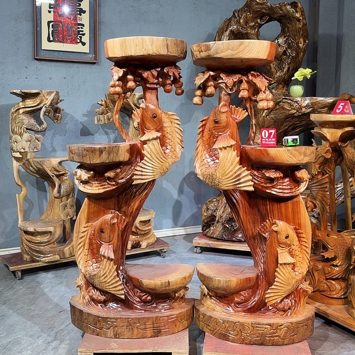 香樟木根雕花架落地