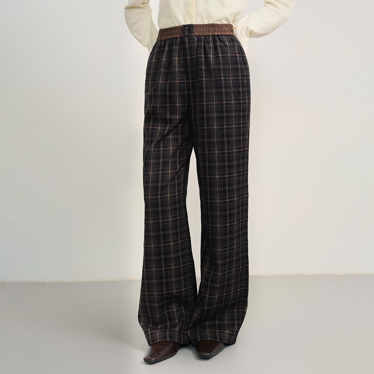 【流光风穿搭】茵曼25秋季时尚格纹直筒休闲裤垂感显瘦百搭长裤