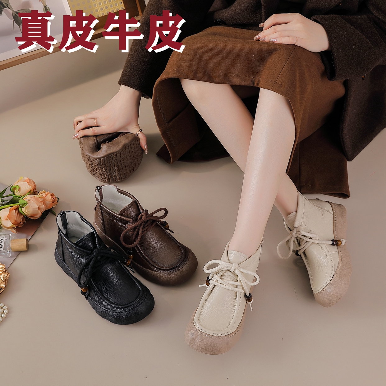 头层牛皮百搭真皮后拉链平底短靴秋冬低跟单靴棉靴加绒中老年女鞋