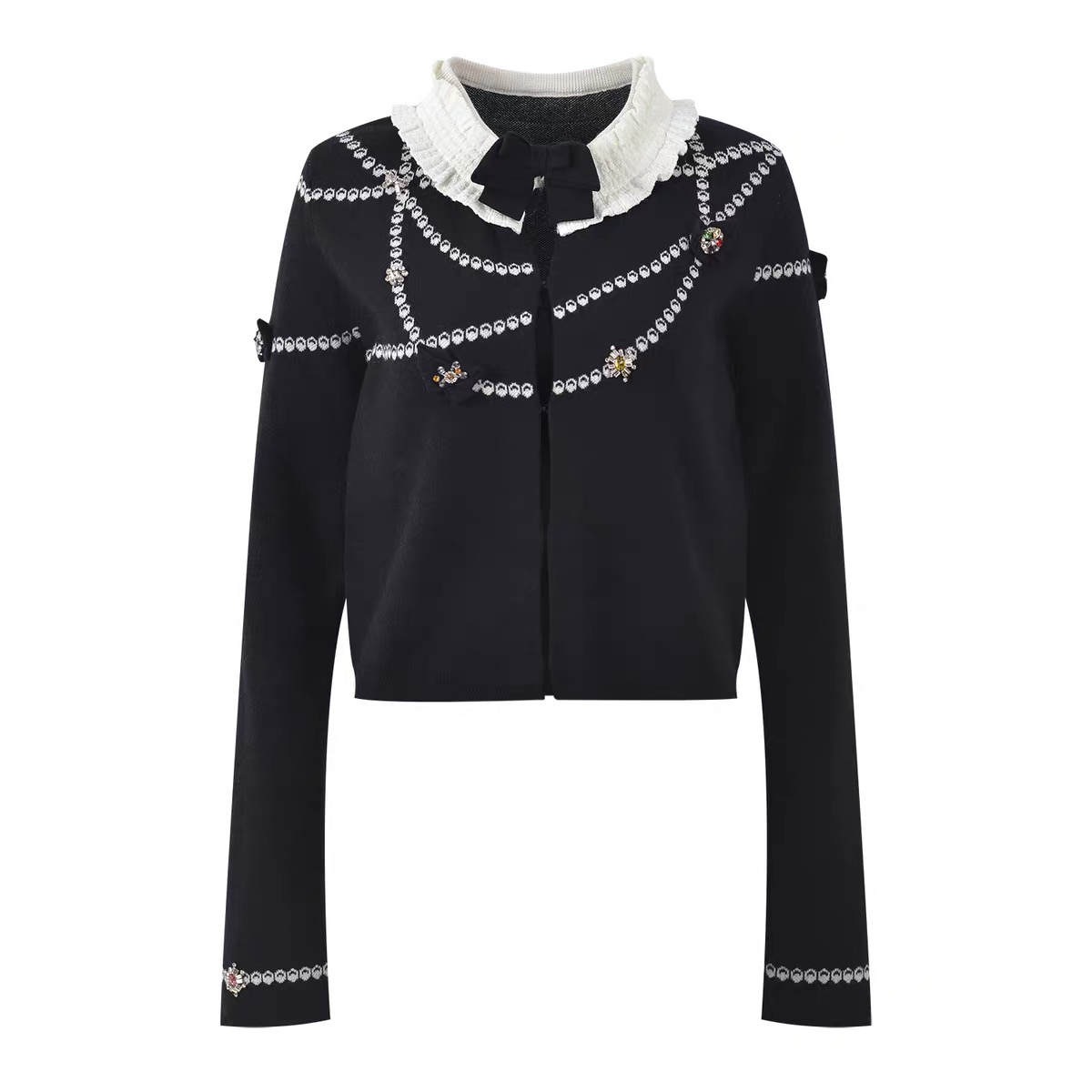 《猪猪出品》黑色荷叶领蝴蝶结镶钻冬季毛针织衫气质长袖款