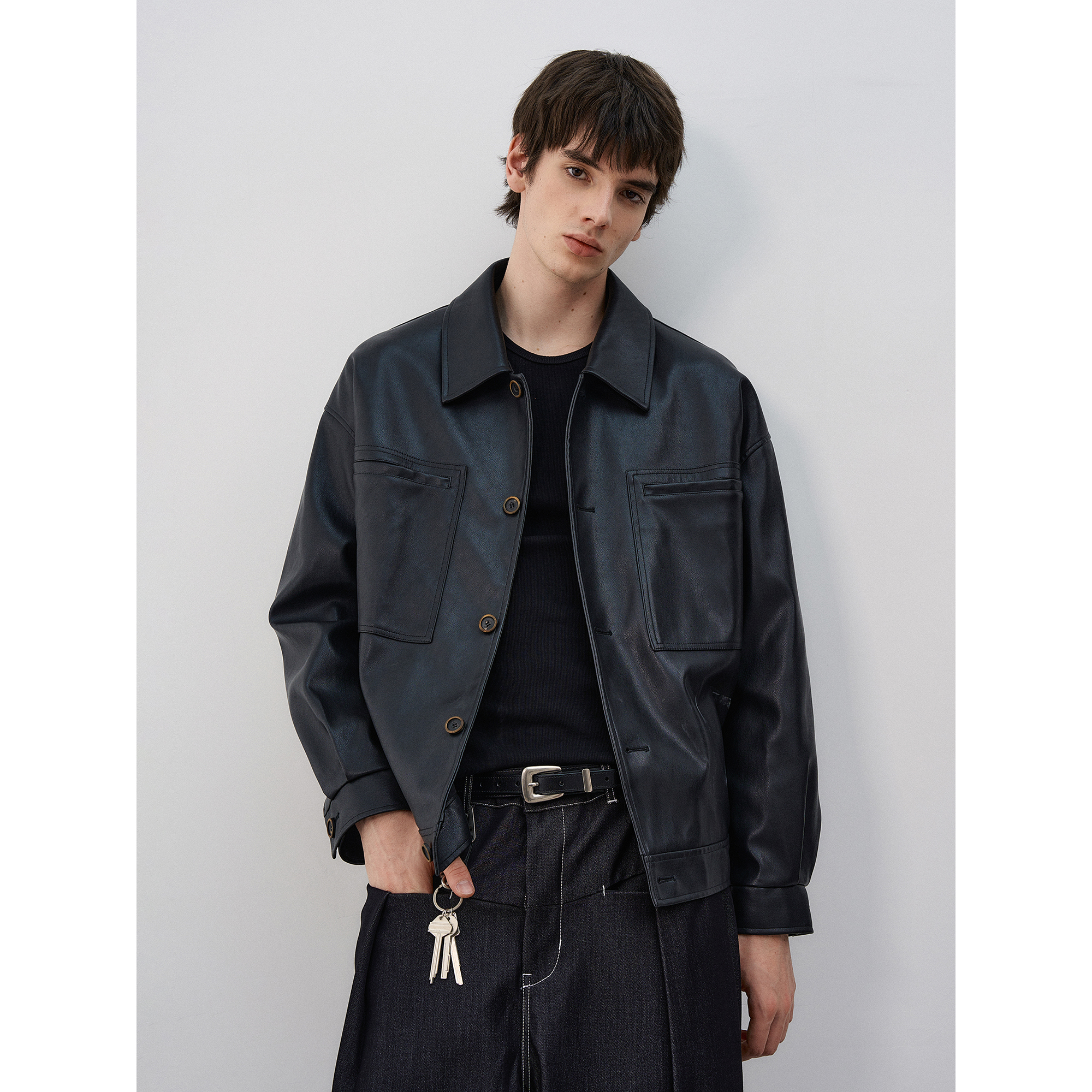 【清仓+MA-JK110】MaxDstr 清仓设计贴袋口袋翻领皮衣夹克男外套