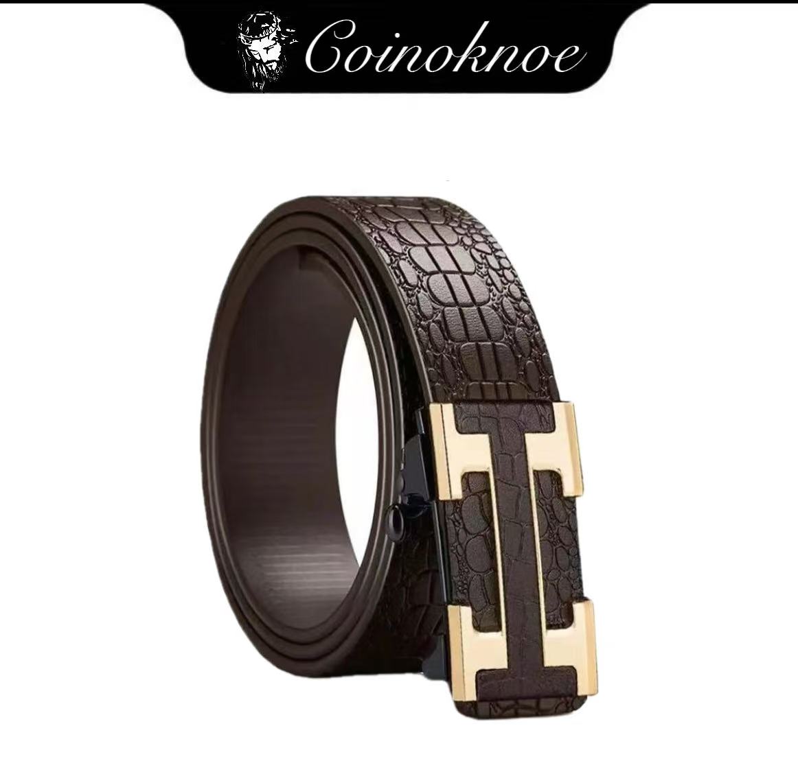 HUANANQINGSHE男士皮带内扣自动扣款鳄鱼纹咖色H商务百搭皮带