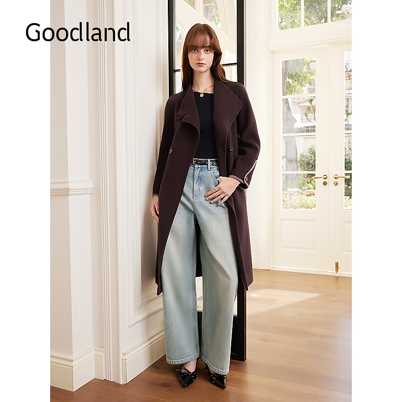Goodland美地女装2025年冬季时尚立领中长款纯羊毛双面呢大衣外套
