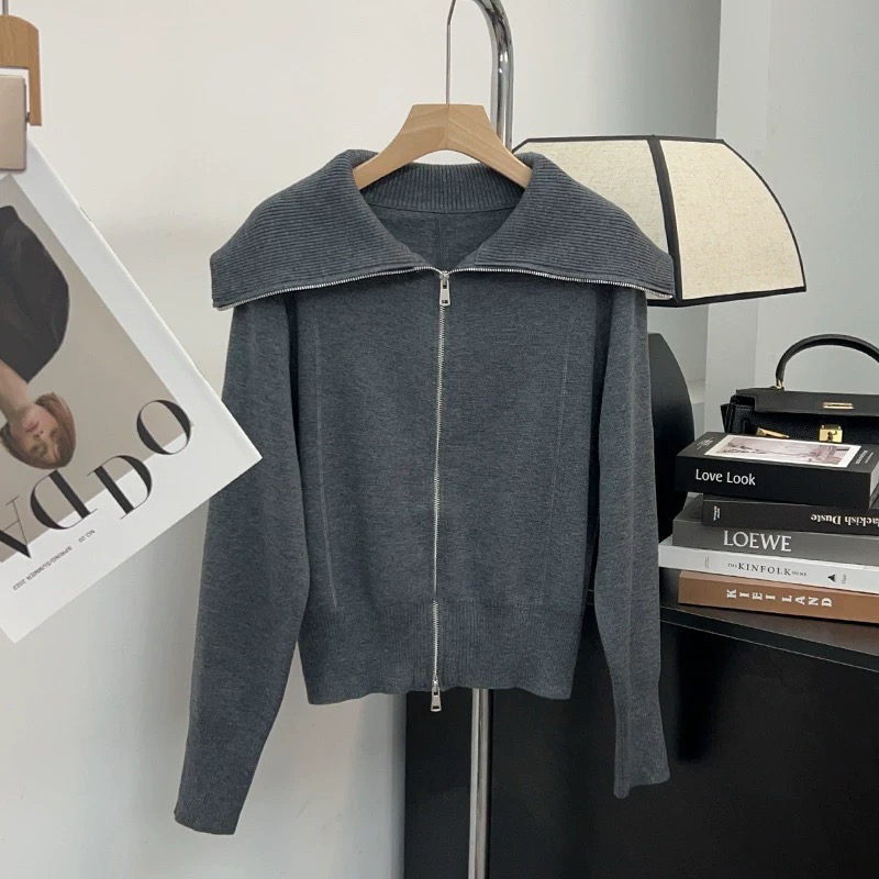 韩系双拉链大翻领针织开衫女秋设计感小众毛衣外套短款上衣