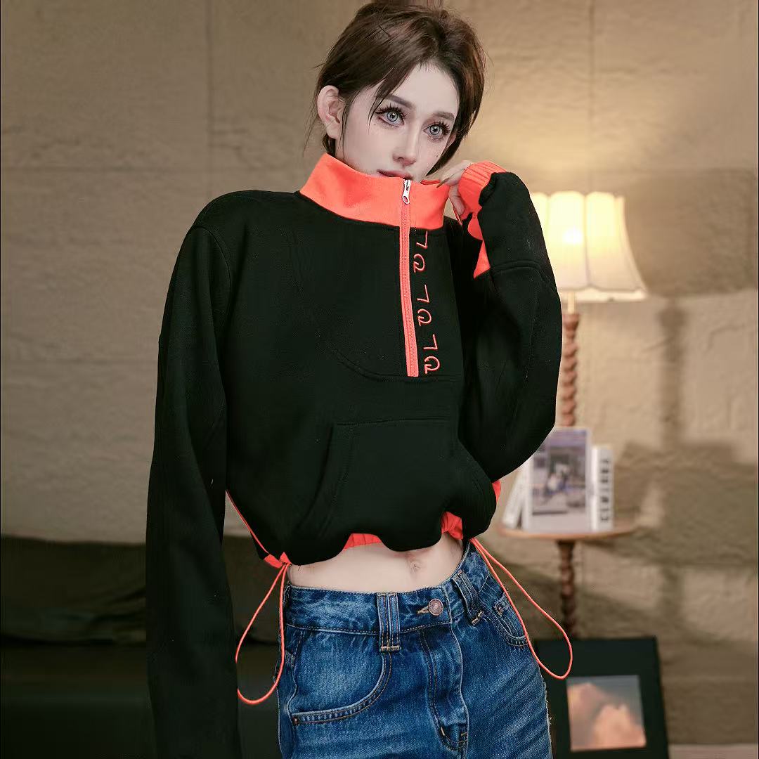 「鹿哥原创」2025加绒加厚新款冬季抽身撞色立领套头长袖卫衣女