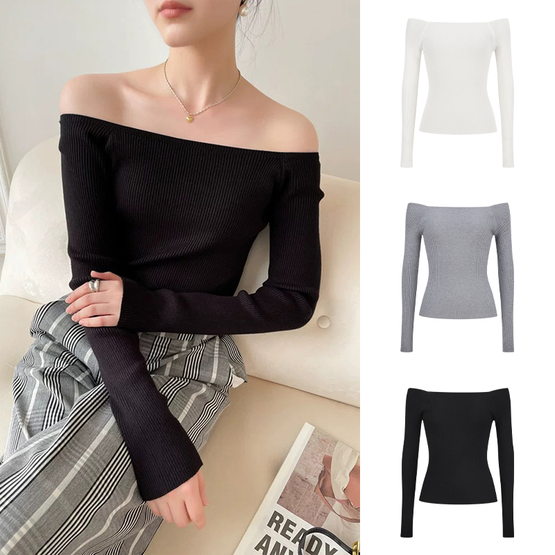 Moses Queen/魔西女王秋冬新款一字领露肩螺纹针织衫打底内搭上衣