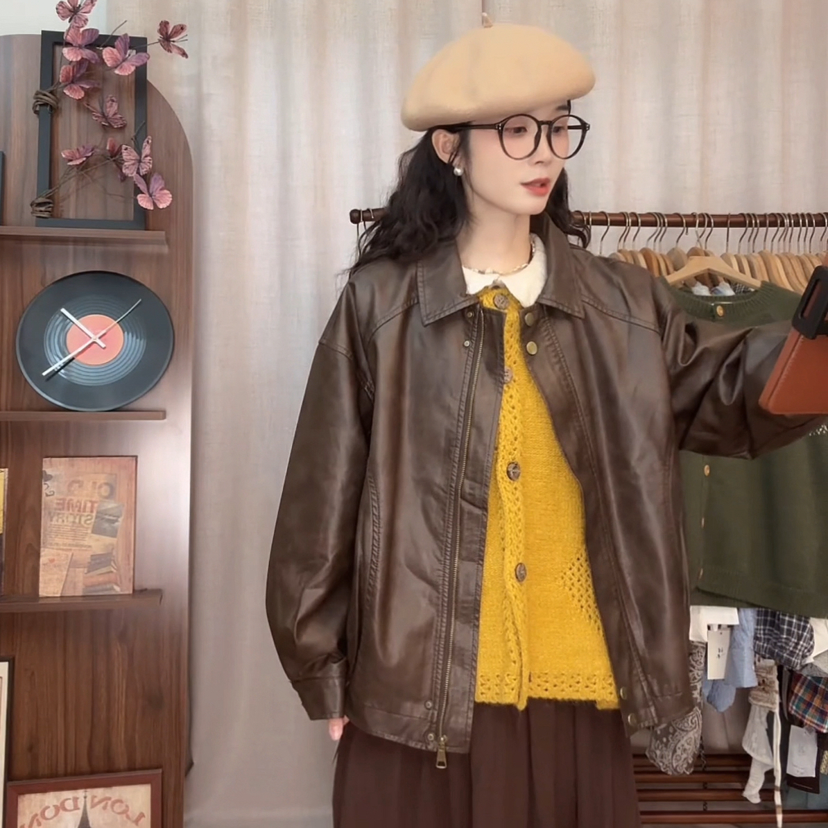 秋冬款复古百搭时尚高质感软皮衣（衣长62胸围120）