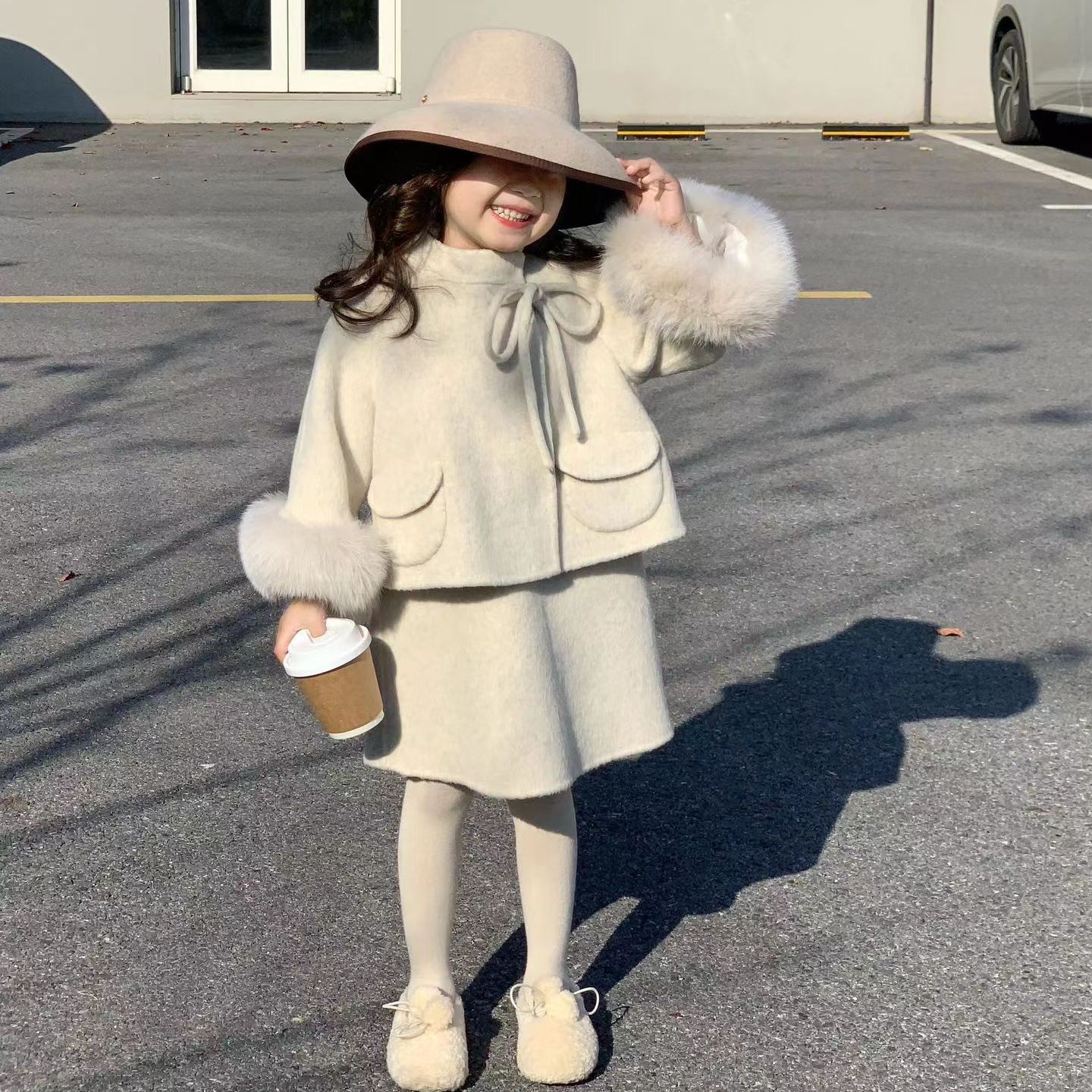 现货 狐狸毛）壹妈女童生日礼服裙套装秋冬米白外套小香风半身裙
